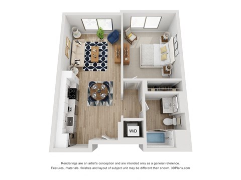Floor plan for 1 bed, 1 bath, 649 sqft